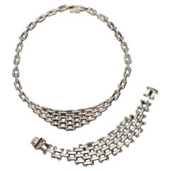 Retro Sterling Silver Chain Link Collar Necklace and Bracelet Set
