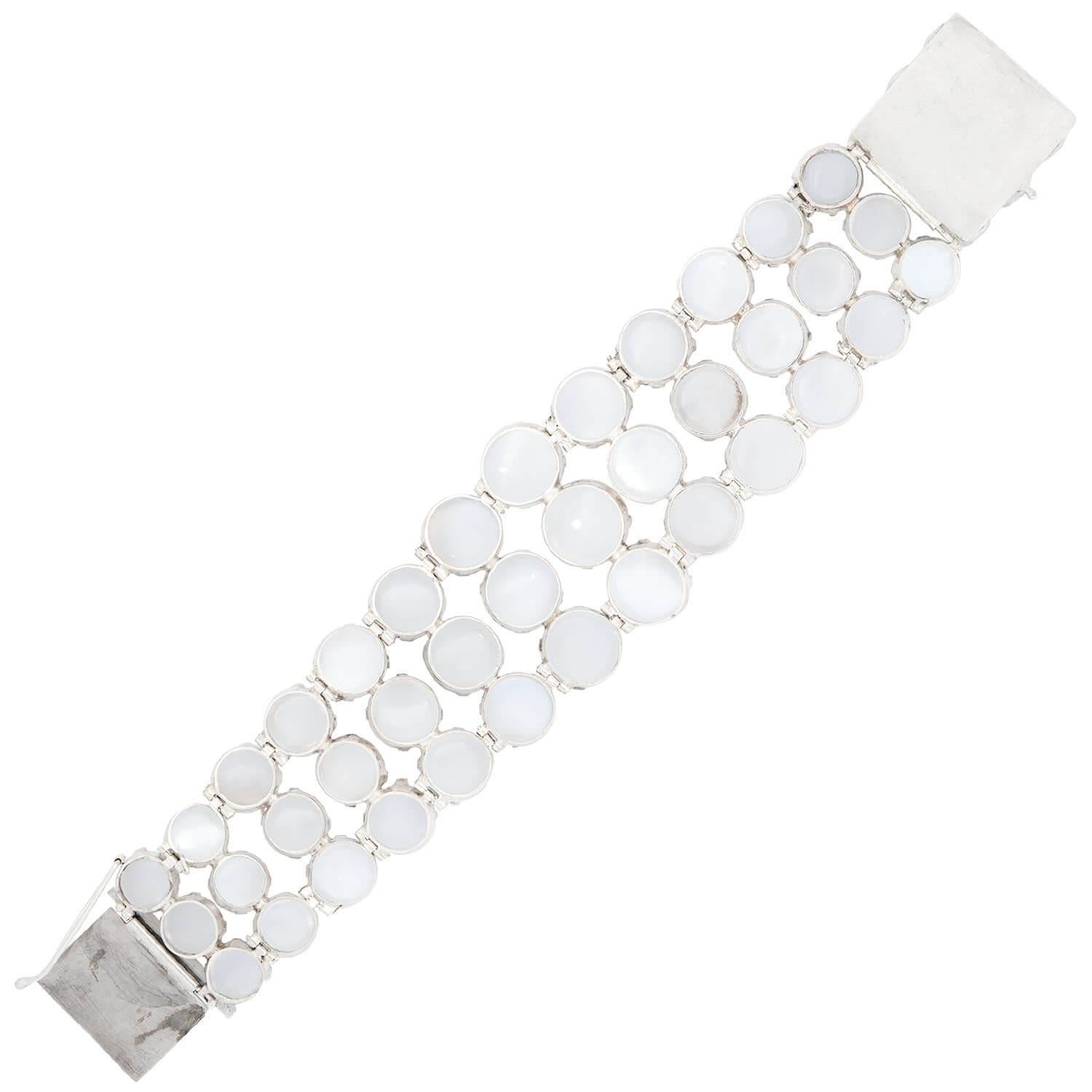 Cabochon Retro Sterling Silver Moonstone Wide Link Bracelet For Sale