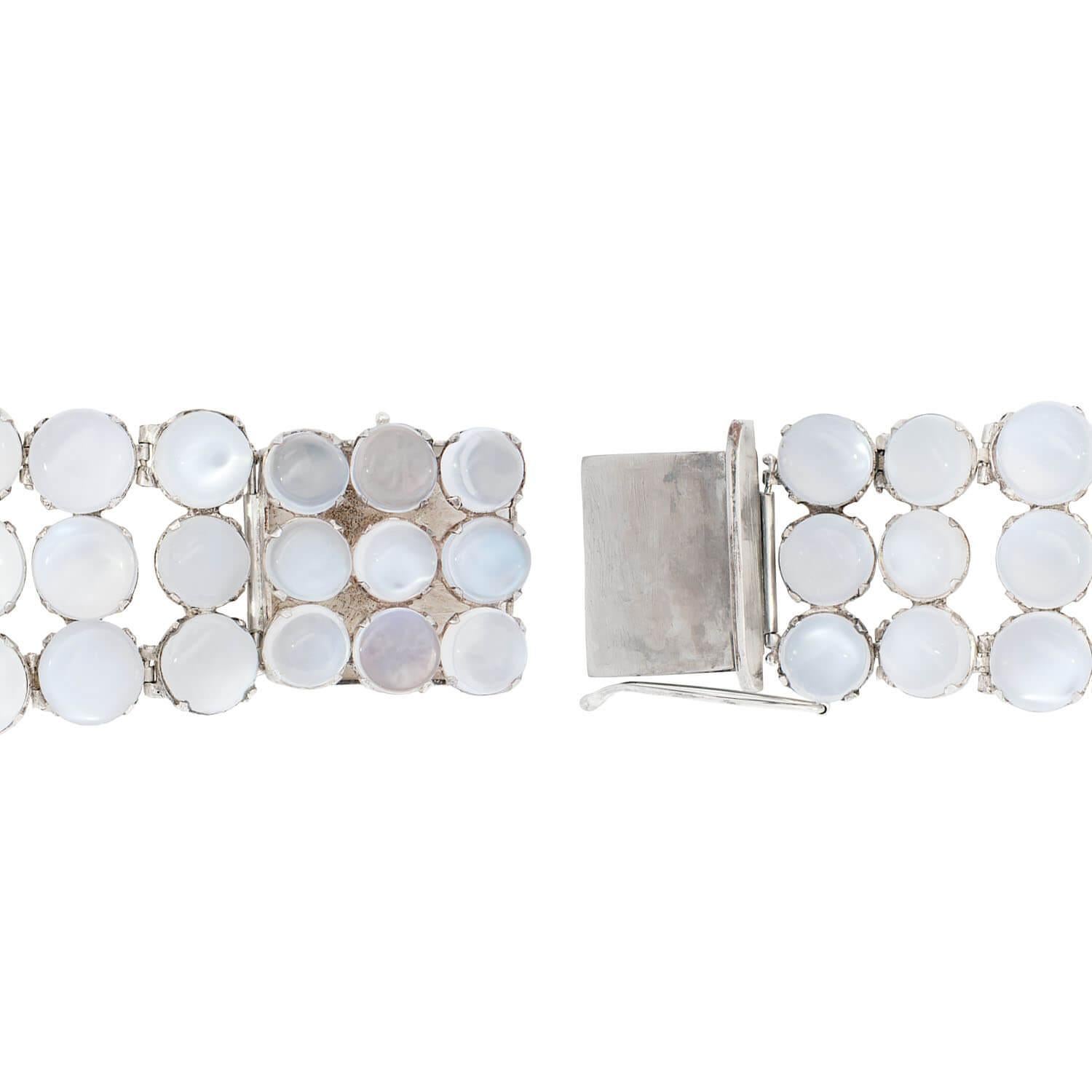 Retro Sterling Silver Moonstone Wide Link Bracelet In Good Condition For Sale In Narberth, PA