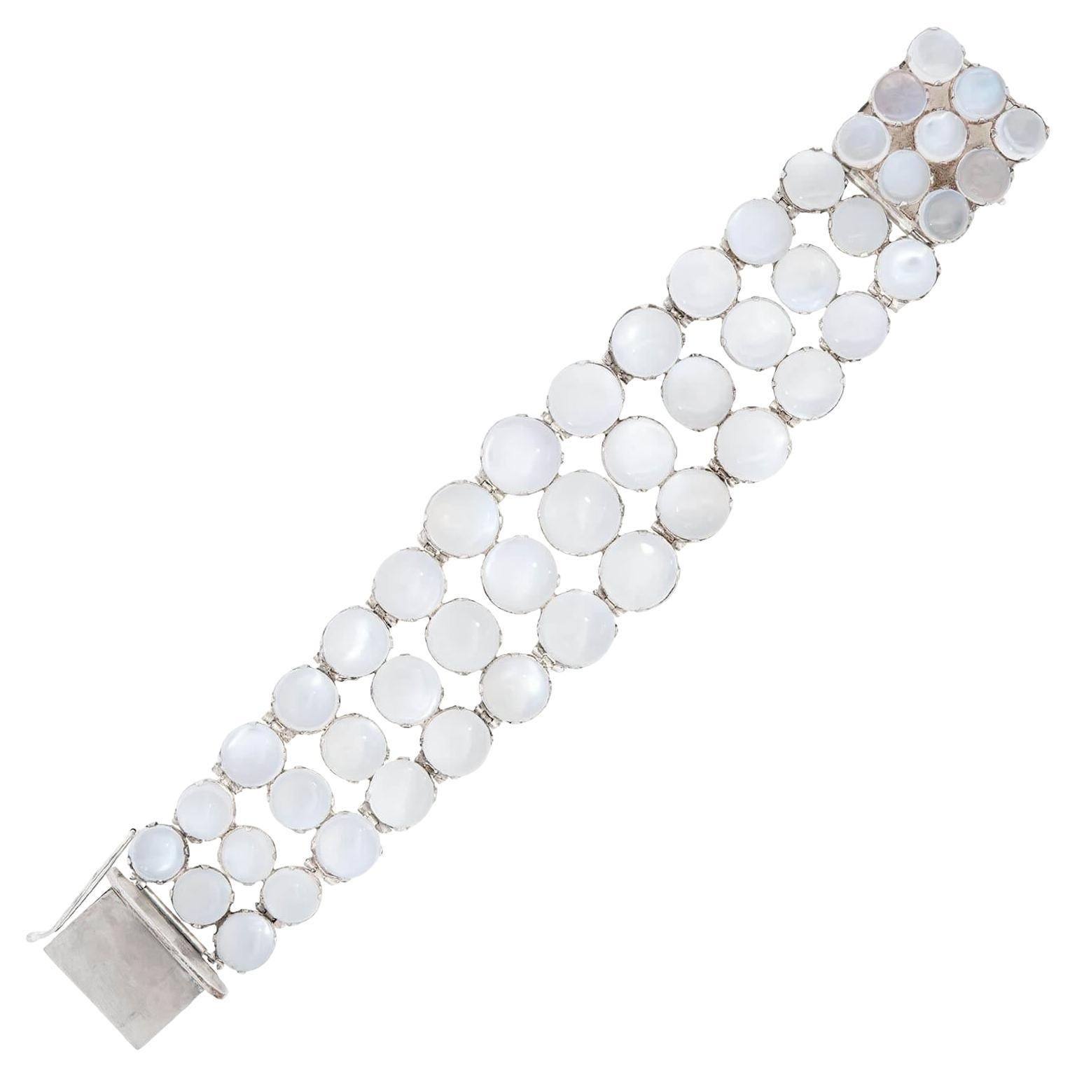 Retro Sterling Silver Moonstone Wide Link Bracelet For Sale