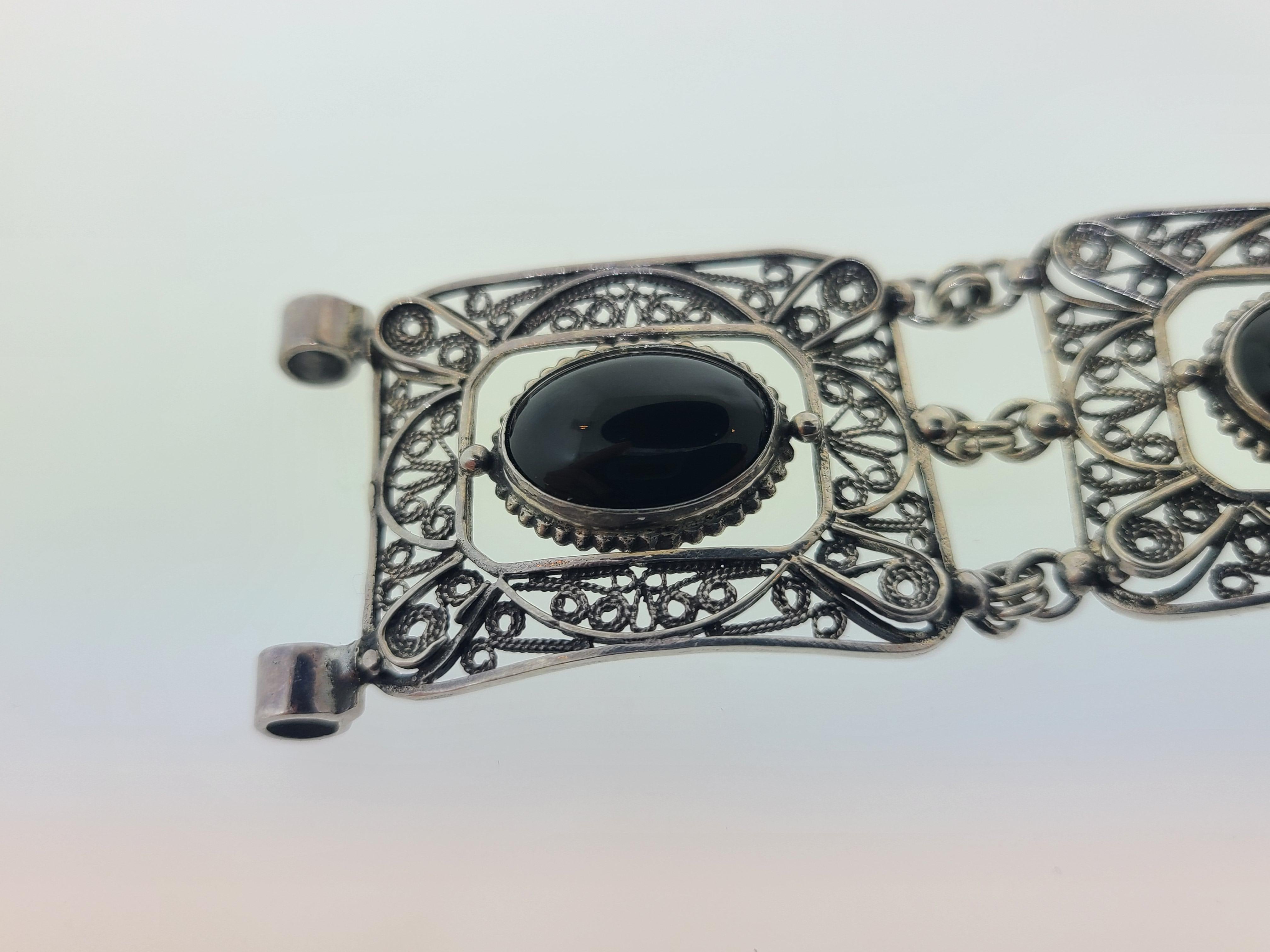 Contemporary Retro Sterling Silver & Onyx Filigree Panel Link Bracelet