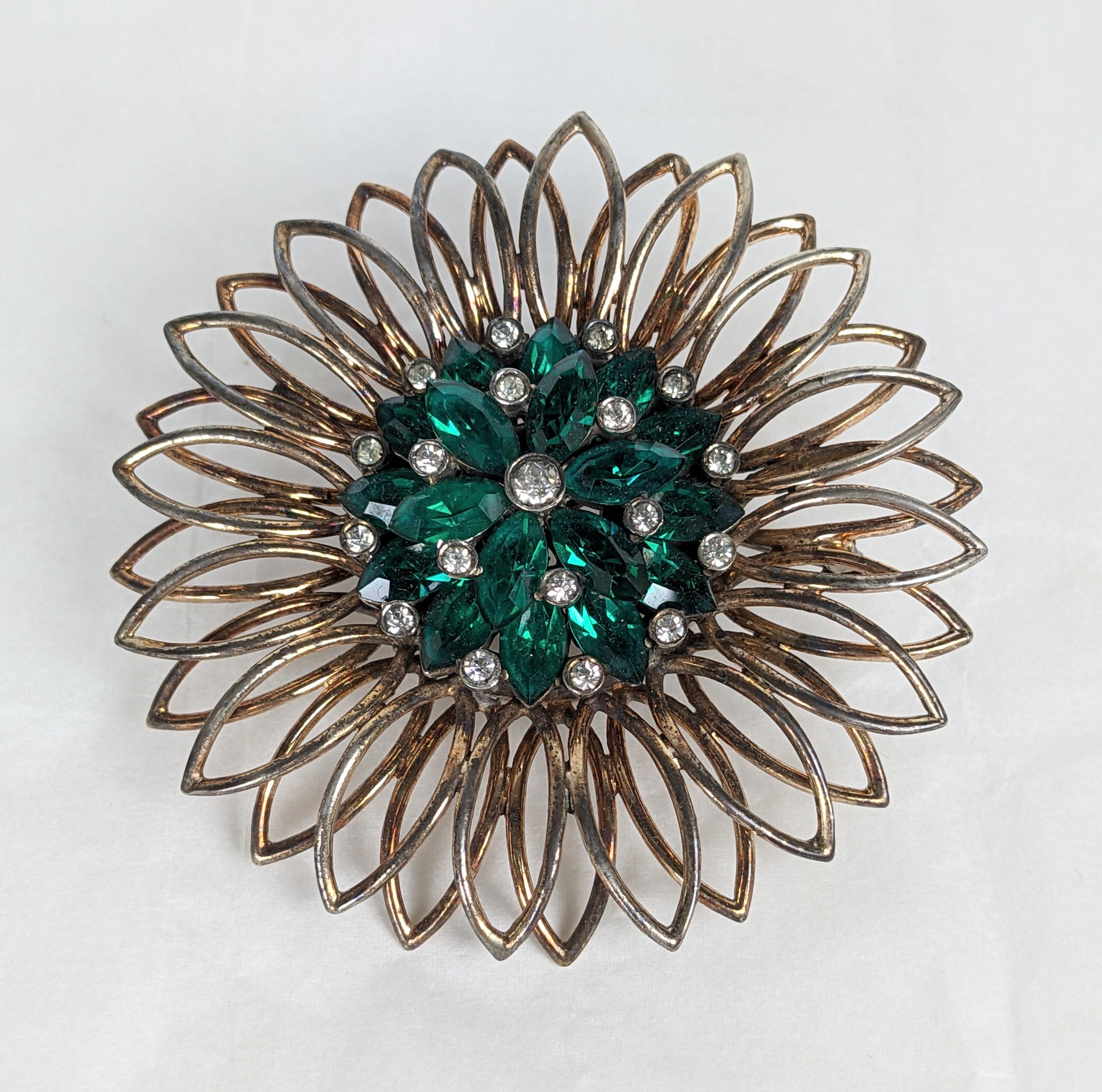 Large Retro Sterling Vermeil Flower Brooch from the 1940's. Openwork petals with a central bud of raised green crystal marquises and pastes. Striking scale with pink gold wash, Unsigned sterling. 1940's USA. 2.5