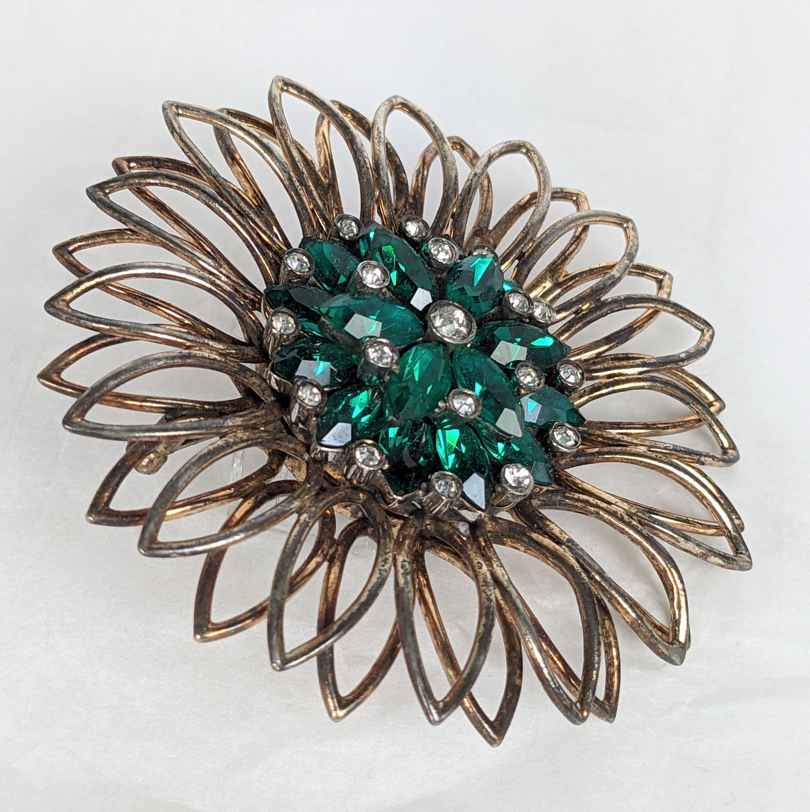 Women's or Men's Retro Sterling Vermeil Flower Brooch For Sale