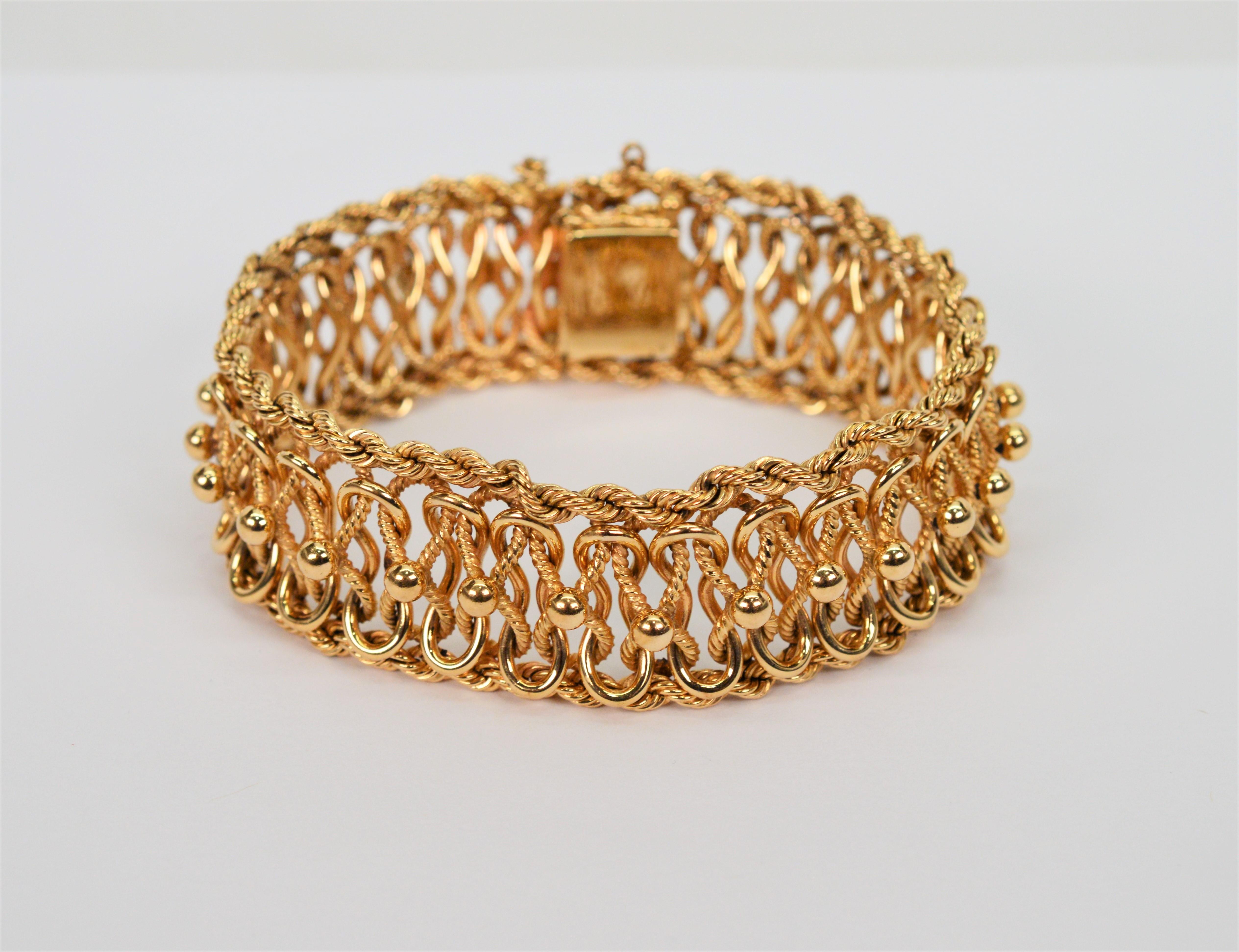 Women's Retro Style 14 Karat Yellow Gold 1950s Style Charm Bracelet with Custom Links For Sale