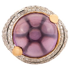 Retro Style 14.21Ct Cabochon Amethyst 
Diamant Kuppel Ring in 14K Gelbgold