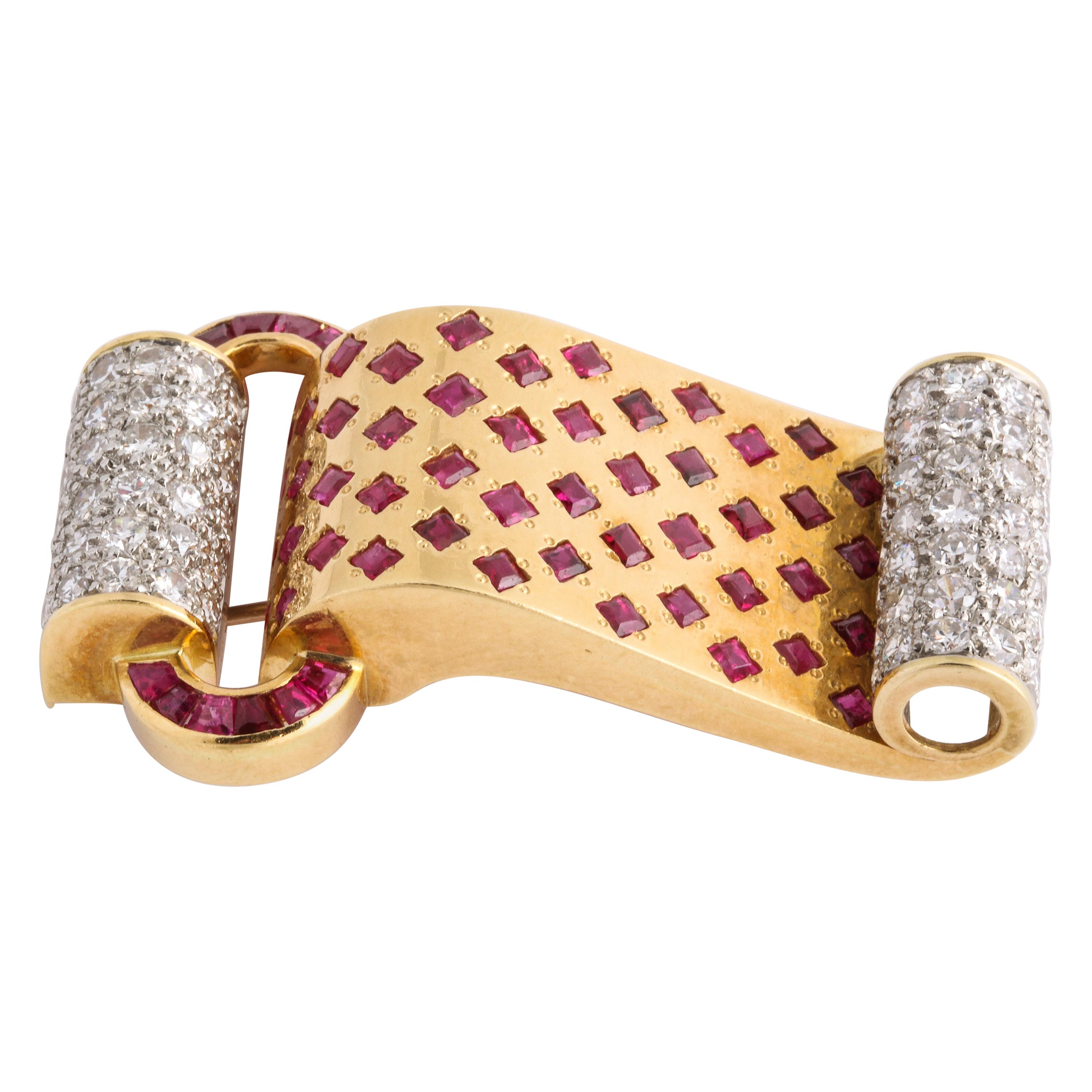 Retro Style 18 Karat Yellow Gold Ruby and Diamond Bracelet and Pendant Set