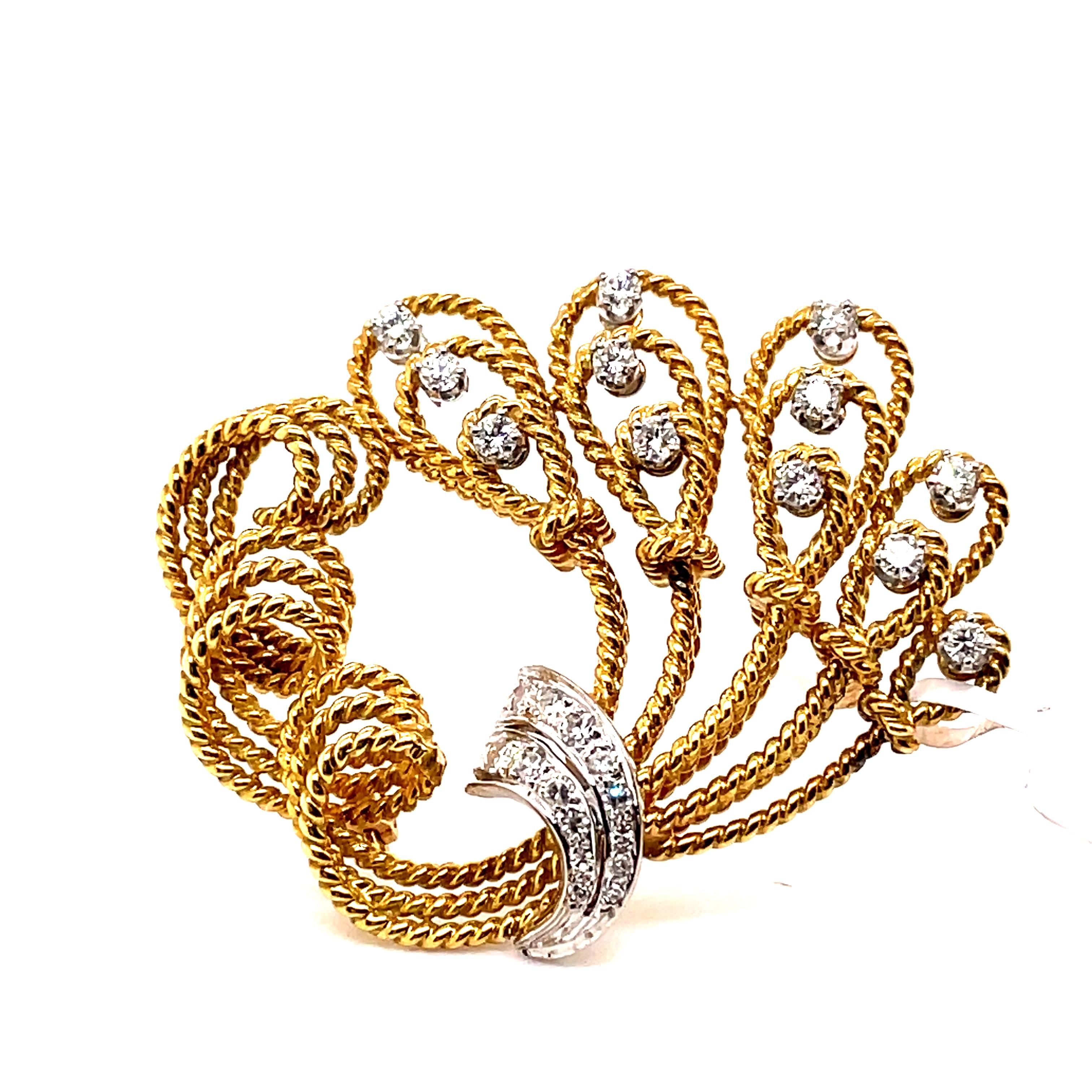 Round Cut Retro Style 18k Yellow Gold and Round Brilliant Diamonds Brooch For Sale