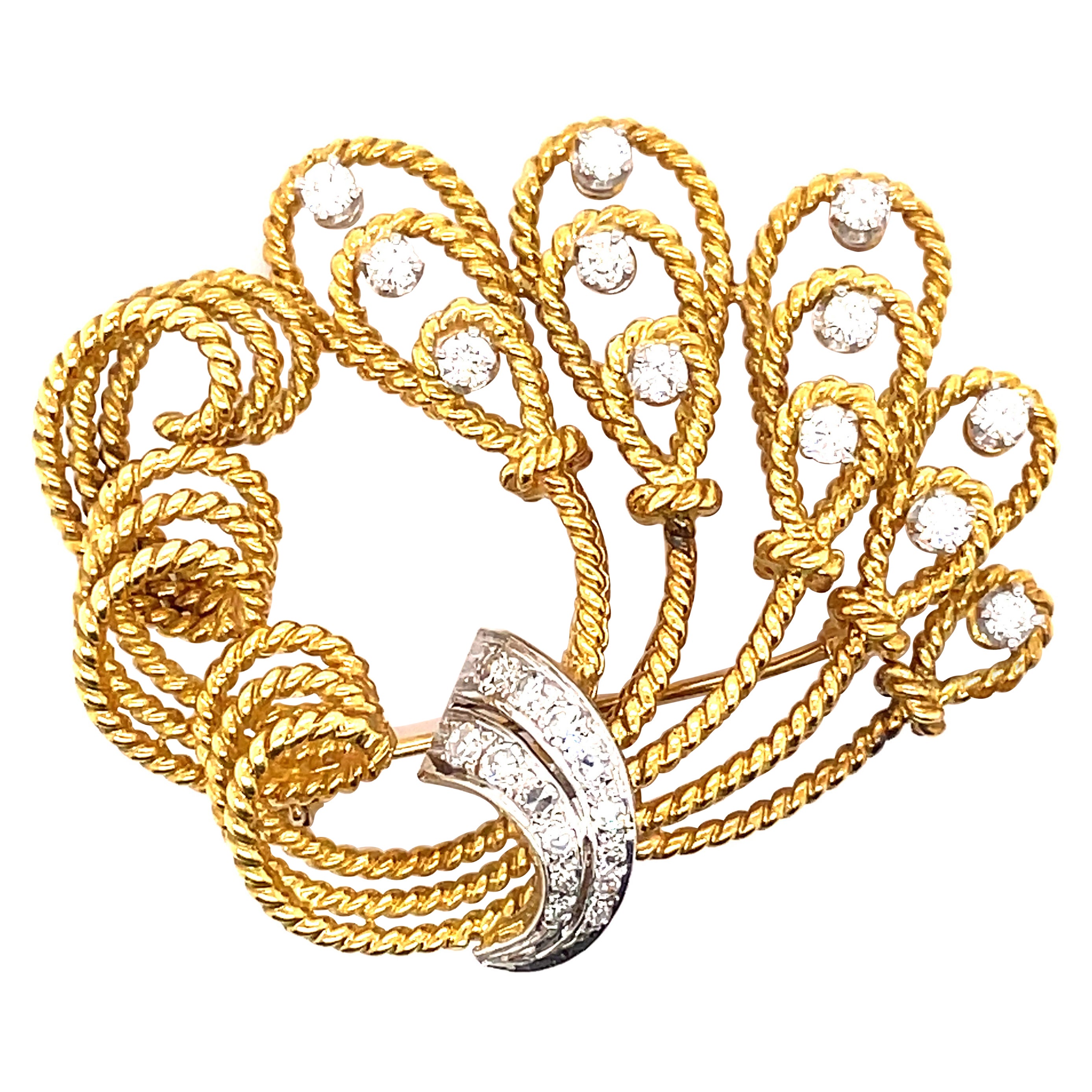 Retro Style 18k Yellow Gold and Round Brilliant Diamonds Brooch