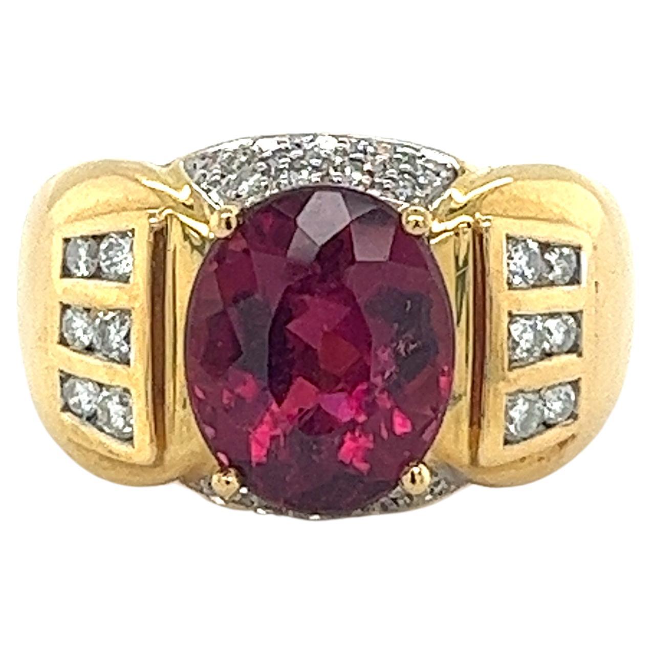 Retro Style 4.5 Carat Oval Rubellite Tourmaline & Diamond 18K Gold Ring For Sale