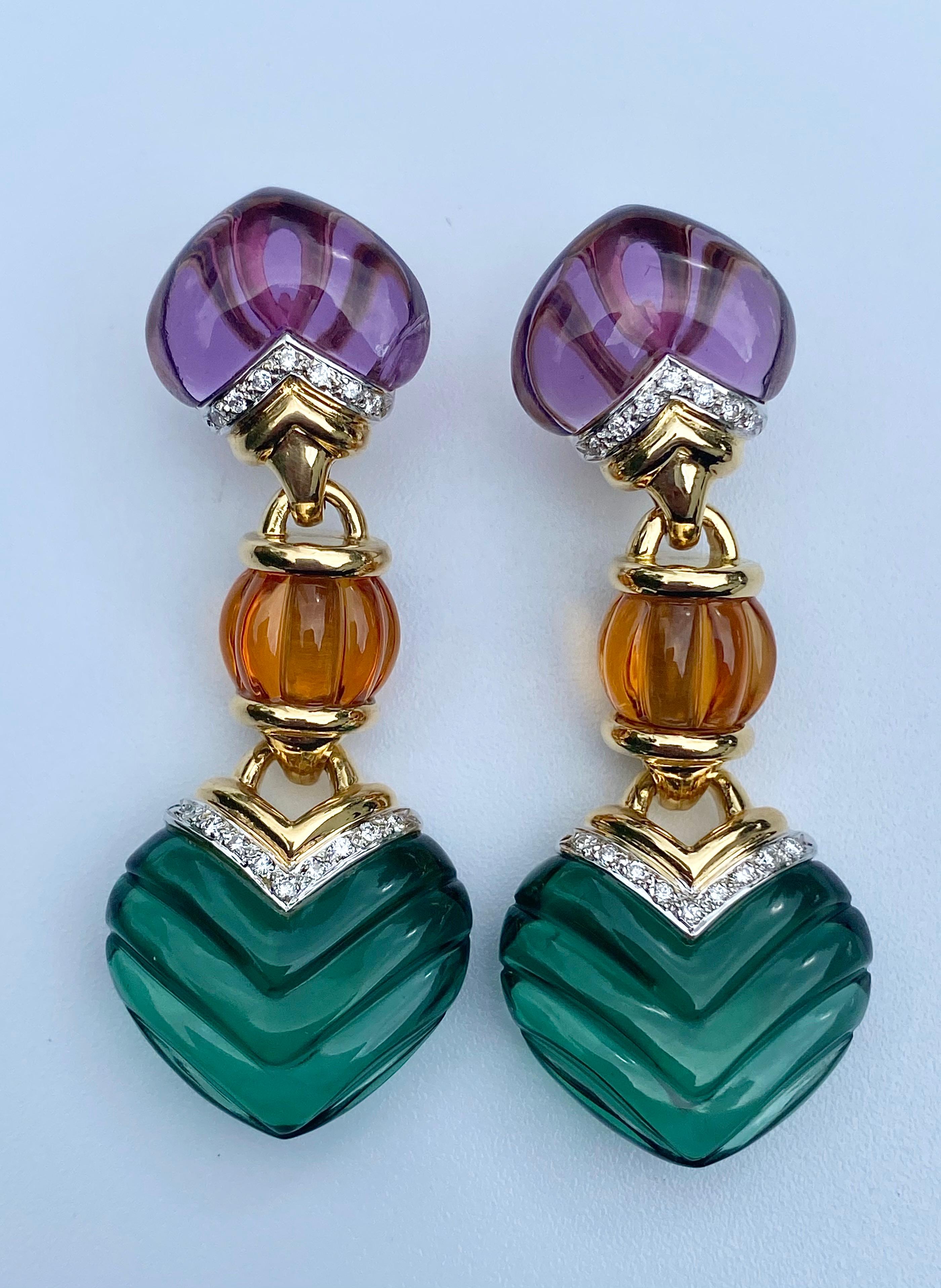 Round Cut Retro-Style Amethyst, Citrine, Green Quartz and Diamond Earrings in 18k Gold For Sale