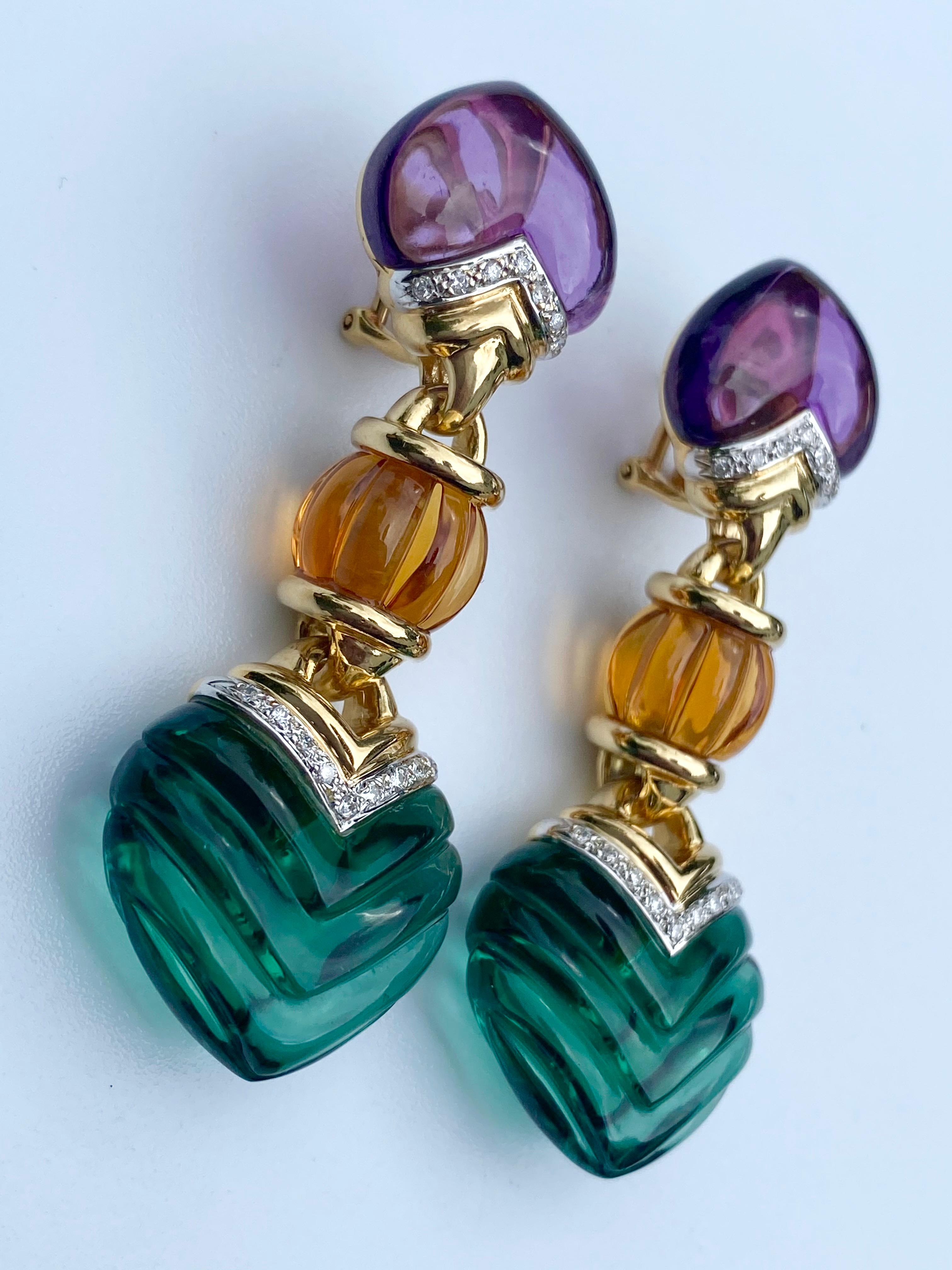 Retro-Style Amethyst, Citrine, Green Quartz and Diamond Earrings in 18k Gold In Good Condition For Sale In Miami, FL