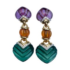 Pendientes de estilo retro de amatista, citrino, cuarzo verde y diamantes en oro de 18k