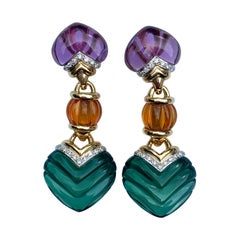 Retro-Style Amethyst, Citrine, Green Quartz and Diamond Earrings in 18k Gold