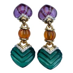 Retro-Style Amethyst, Citrine, Green Quartz and Diamond Earrings in 18k Gold