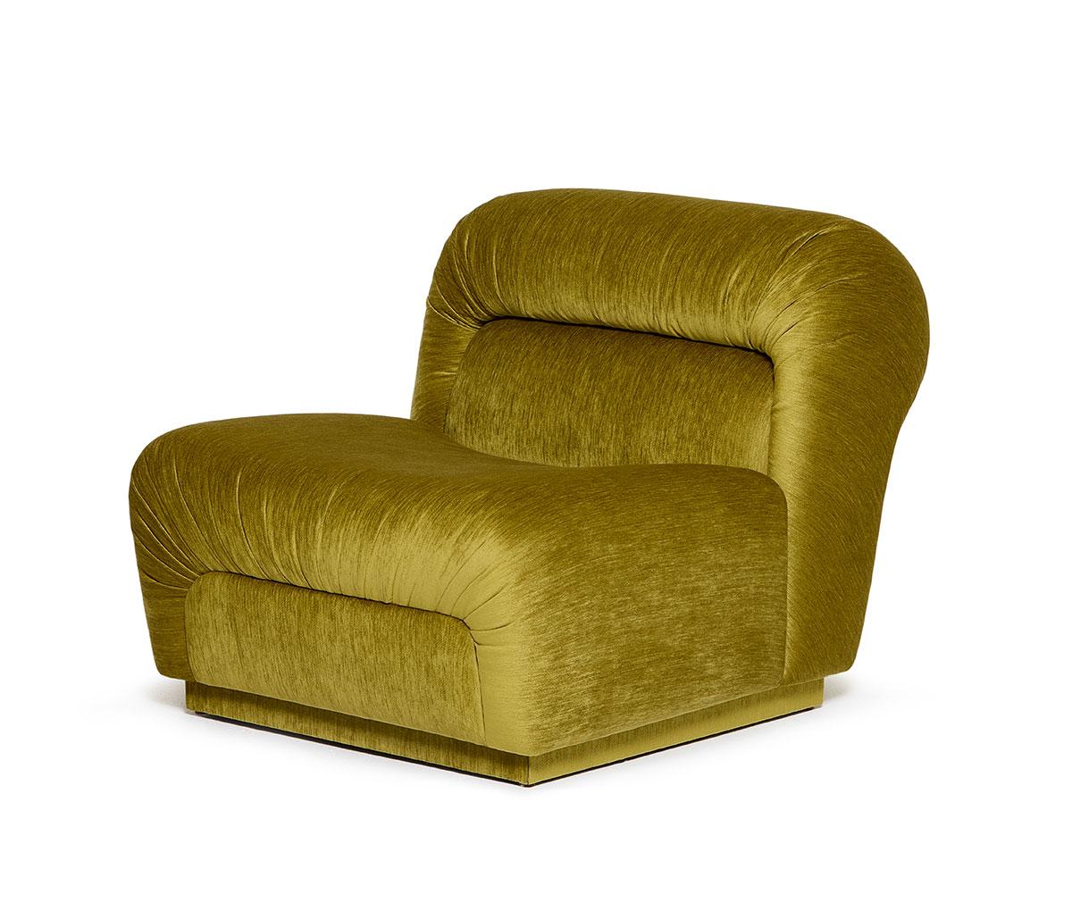 Velvet Retro Style Armchair With Curved Form and Pleated Details For Sale