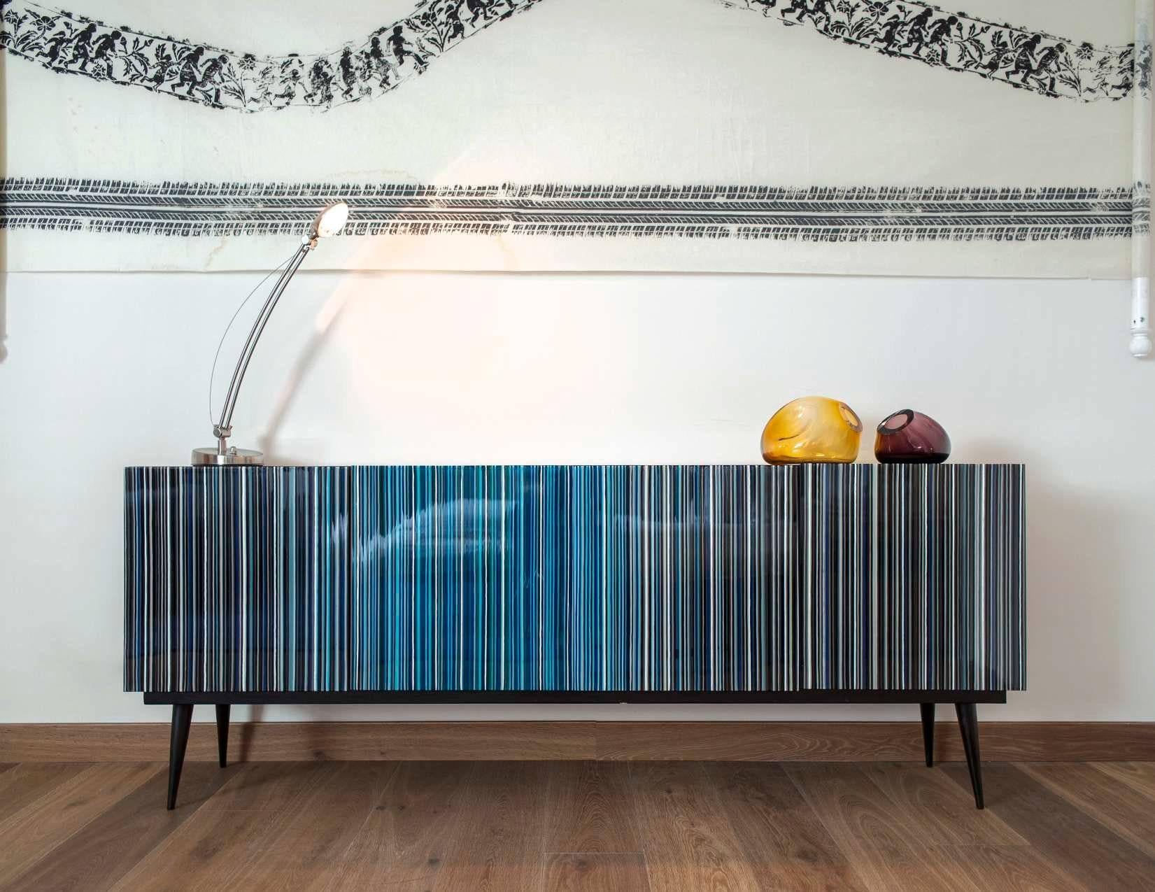 Lacquered Retro Style Buffet, Barcode Design in Colored Glass, Shades of Turquoise For Sale