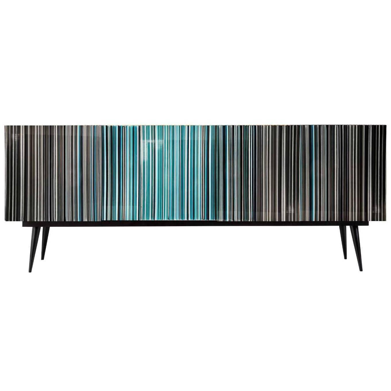Retro Style Buffet, Barcode Design in Colored Glass, Shades of Turquoise