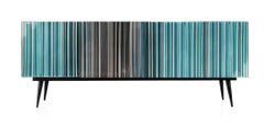 Retro Style Buffet Credenza, Barcode Design in Colored Glass, Black in Turquoise
