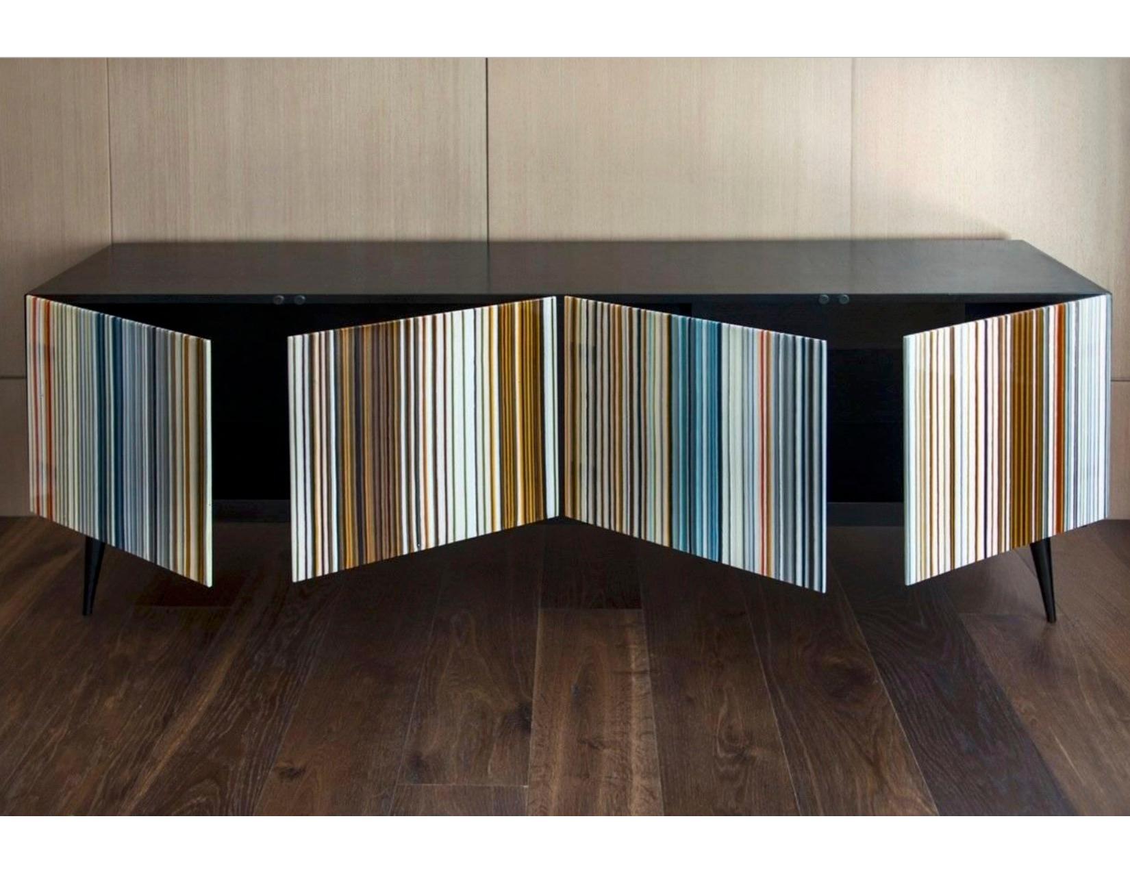 Mexican Retro Style Buffet Credenza, Barcode Design in Colored Glass, Black in Turquoise For Sale