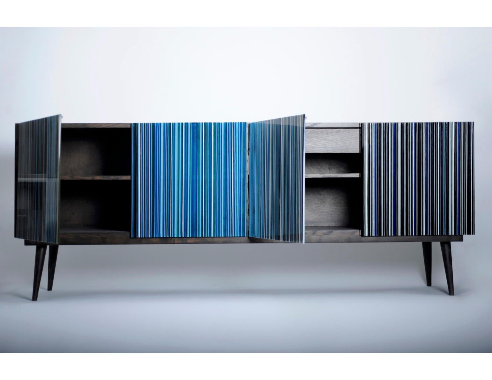 Lacquered Retro Style Buffet Credenza, Barcode Design in Colored Glass, Black in Turquoise For Sale