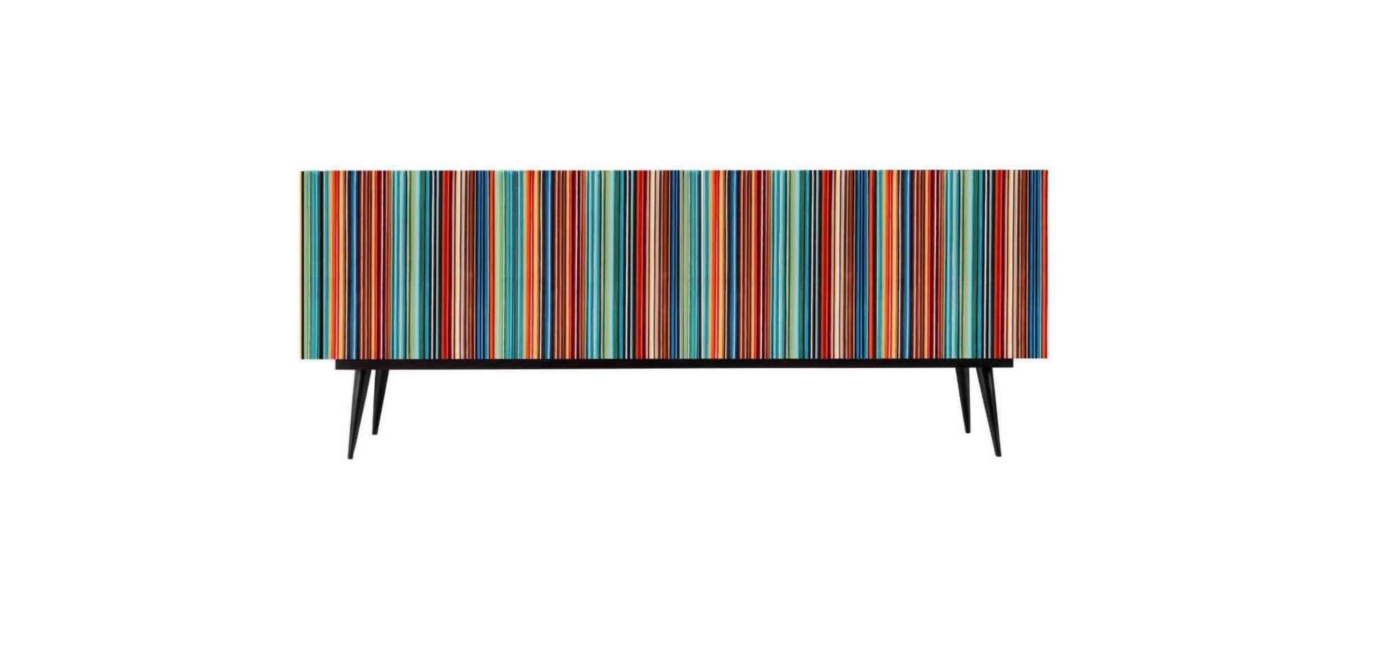 Contemporary Retro Style Buffet Credenza, Barcode Design in Colored Glass, Black in Turquoise For Sale