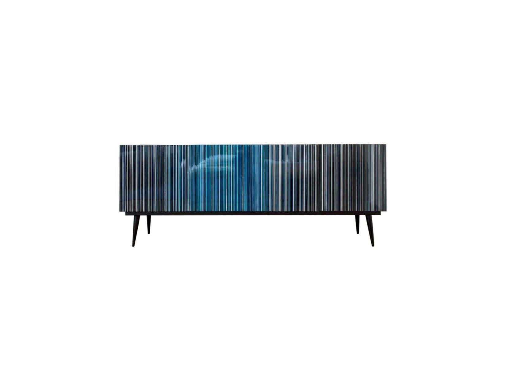 Wood Retro Style Buffet Credenza, Barcode Design in Colored Glass, Black in Turquoise For Sale