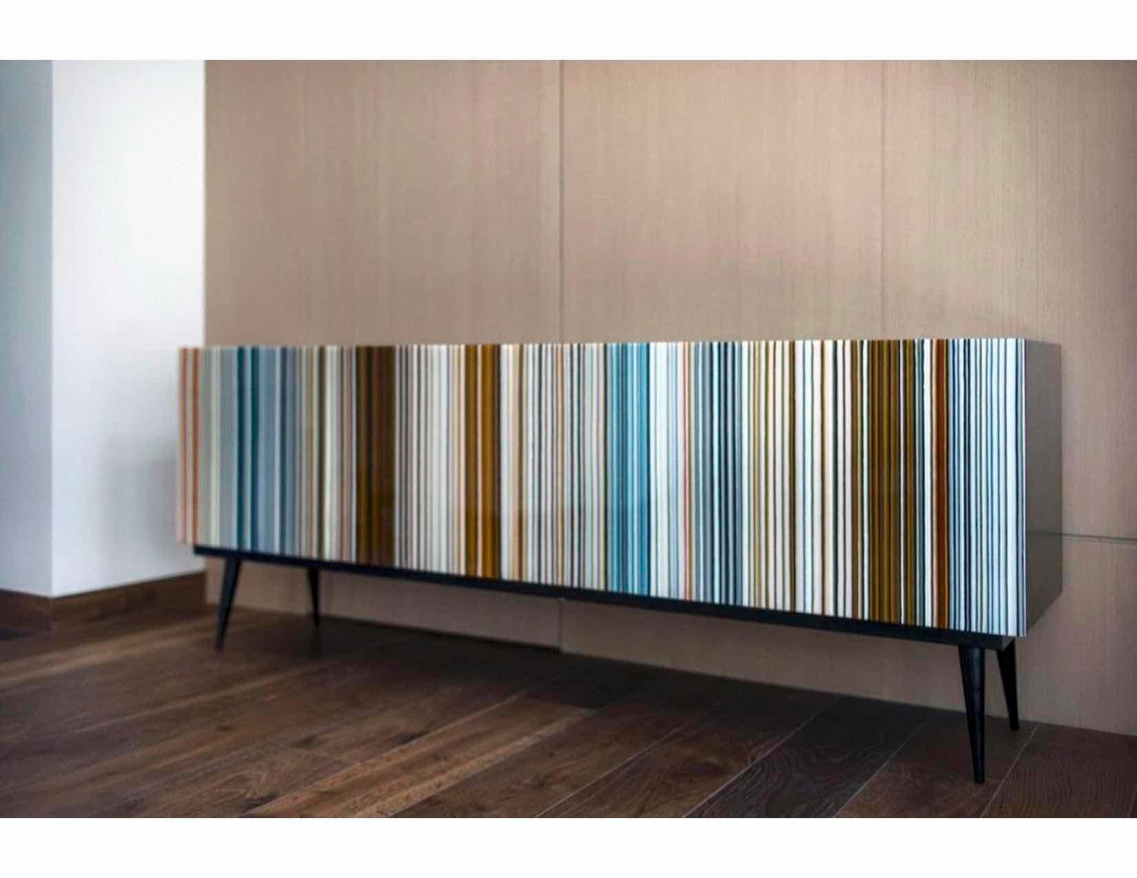 Retro Style Buffet Credenza, Barcode Design in Colored Glass, Black in Turquoise For Sale 1