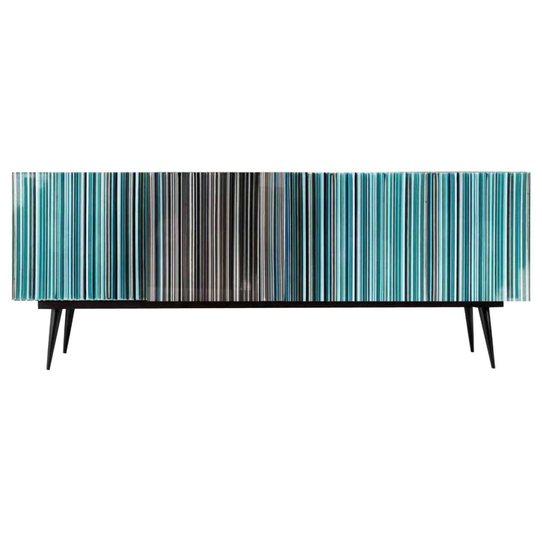 Retro Style Buffet Credenza, Barcode Design in Colored Glass, Black in Turquoise For Sale