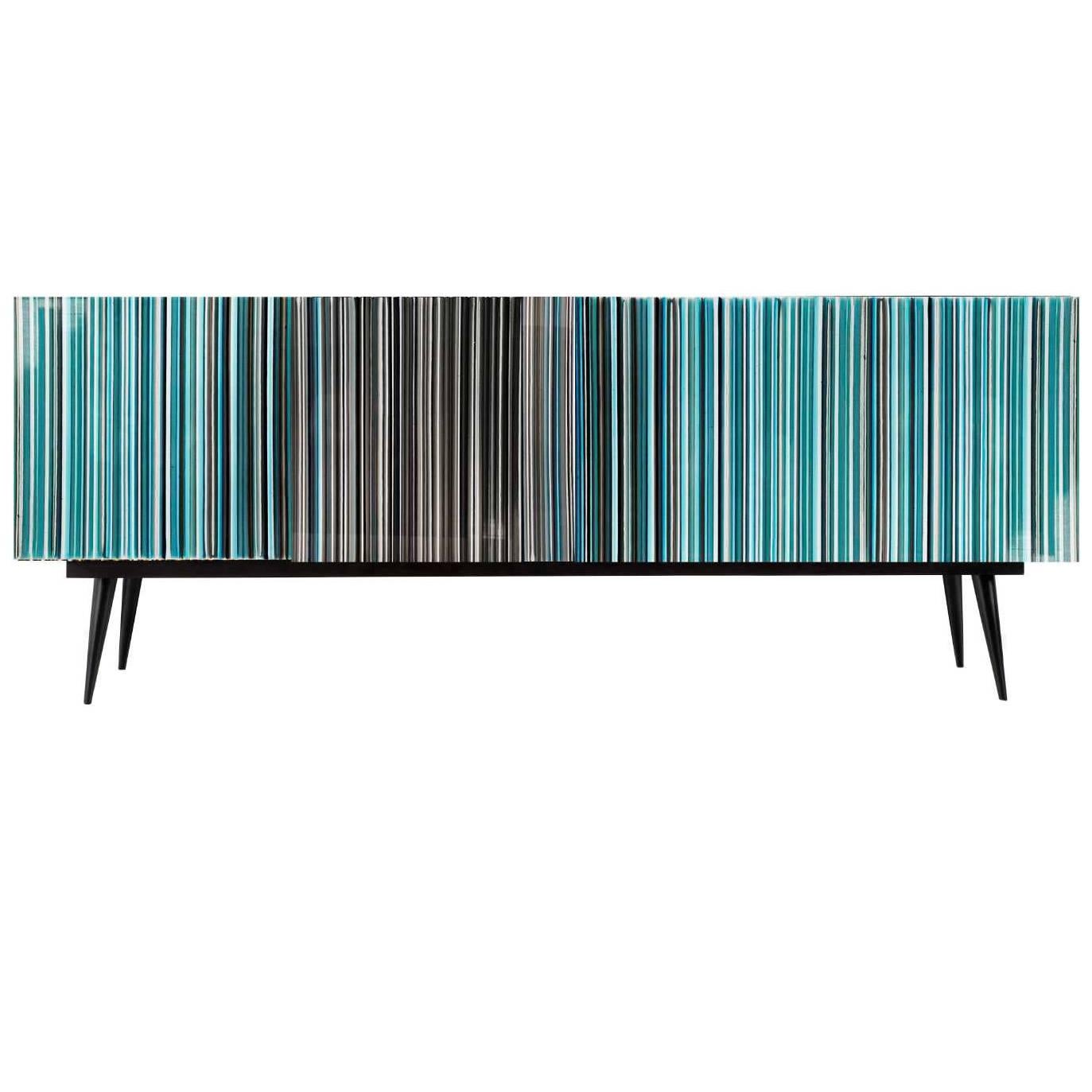 Retro Style Buffet Credenza, Barcode Design in Colored Glass, Black in Turquoise For Sale