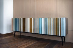 Retro Style Buffet Credenza, Barcode Design in Warm and Blue Hues Colored Glass