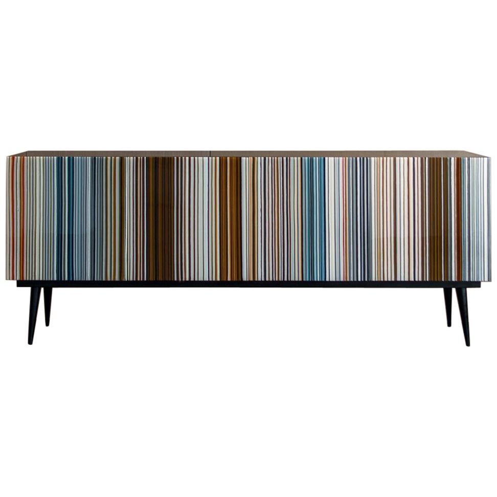 Retro Style Buffet Credenza, Barcode Design in Warm and Blue Hues Colored Glass