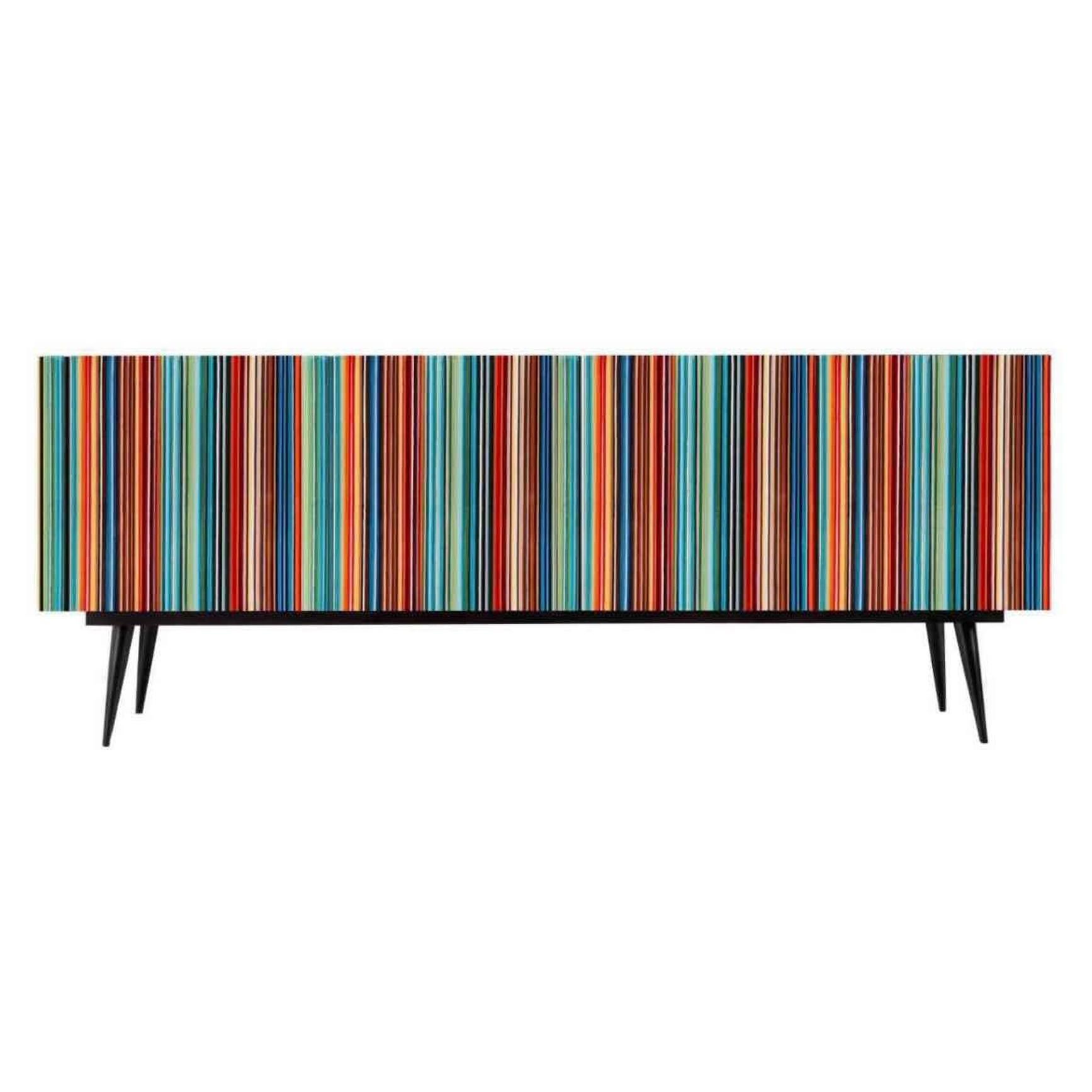 Retro Style Buffet Credenza, Barcode Design in Colored Glass For Sale