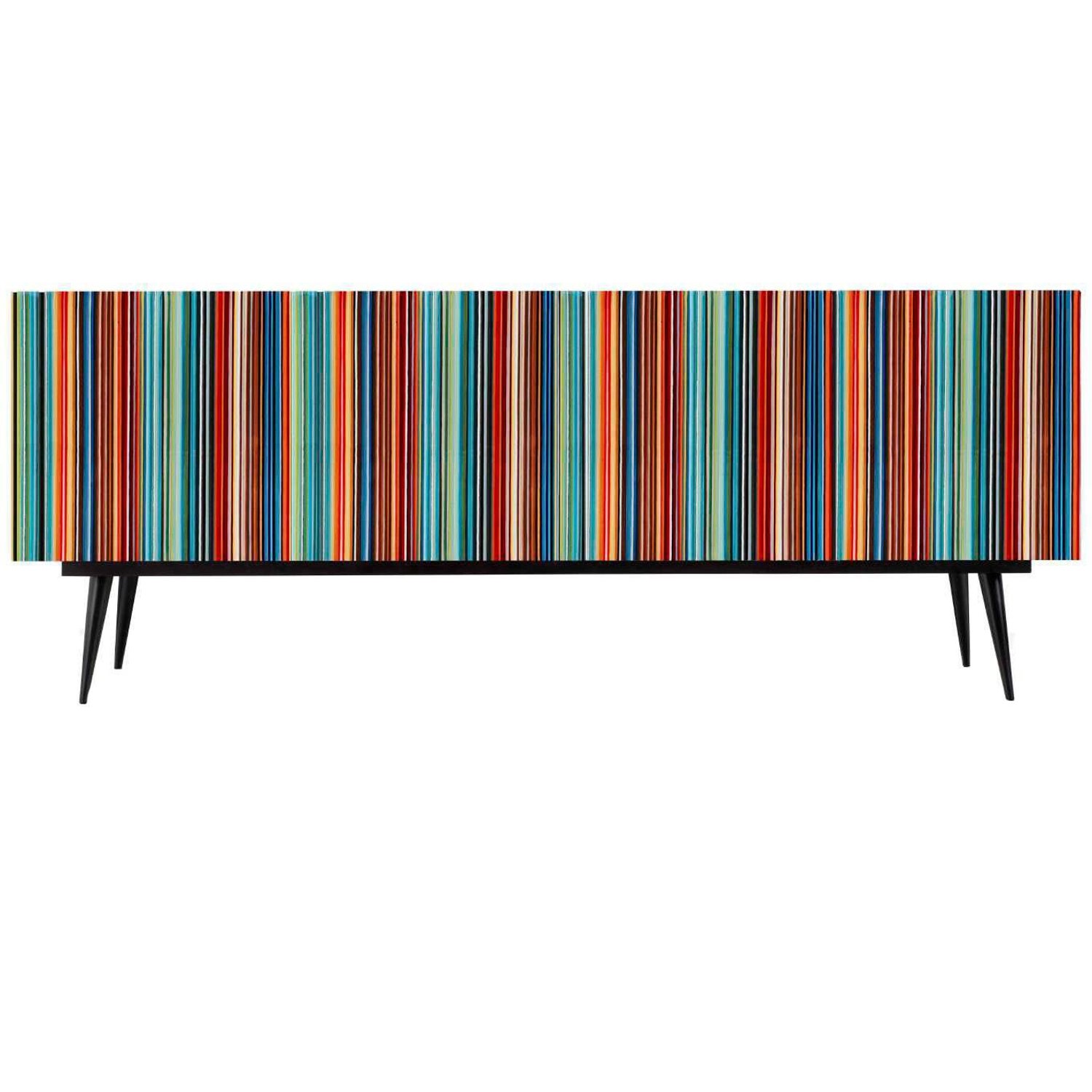 Retro Style Buffet, Barcode Design in Colored Glass, Shades of Turquoise  For Sale at 1stDibs