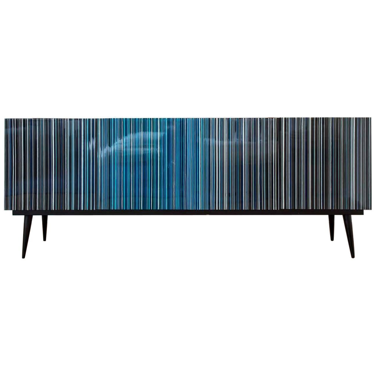 Crédence de style rétro aux teintes bleues avec motif de code-barres multicolore en verre  en vente
