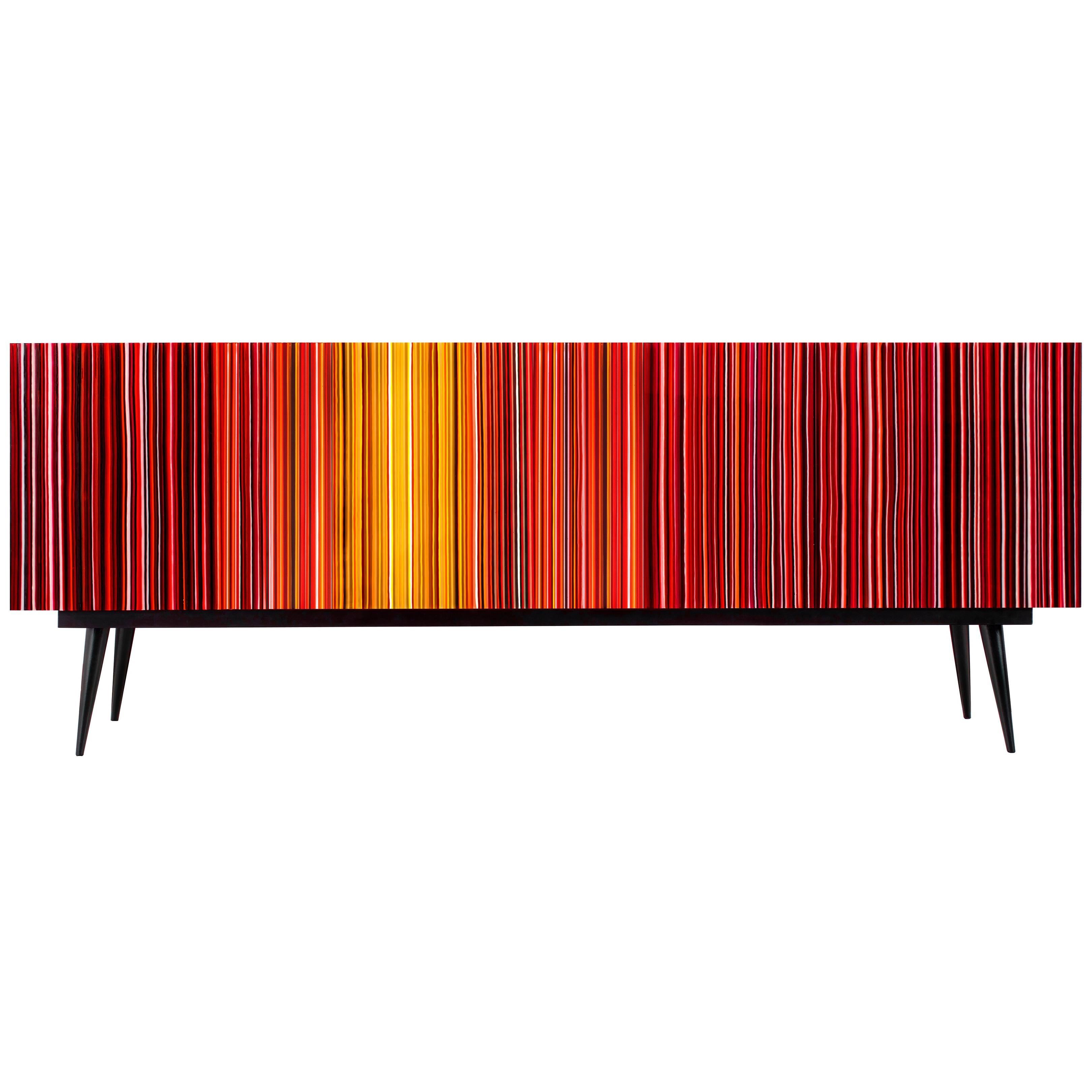 Retro Style Buffet Credenza, Linear Barcode Design, Warm Fire Colored Glass For Sale