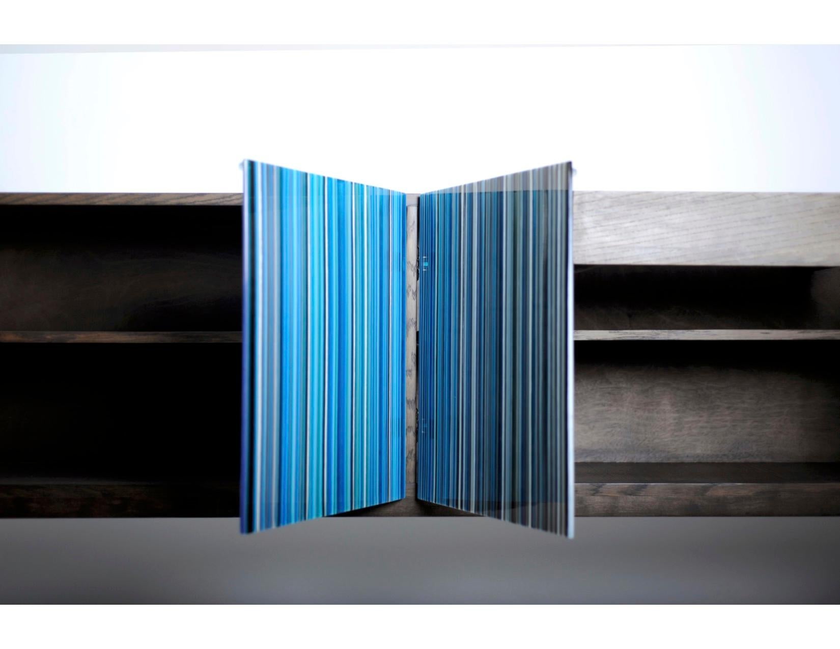 Lacquered Retro Style Buffet Credenza, Barcode in Rainbow Colored Glass For Sale