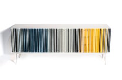 Retro Style Buffet Credenza, Bleached Wood, Barcode Colored Glass