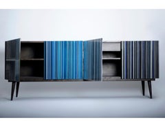 Retro Style Buffet Credenza Blue Hues Multicolor Barcode Glass Design