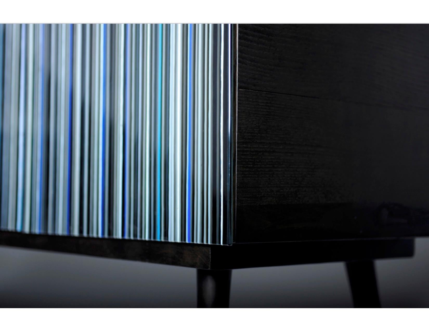 Lacquered Retro Style Buffet Credenza Blue Hues Multicolor Barcode Glass Design For Sale