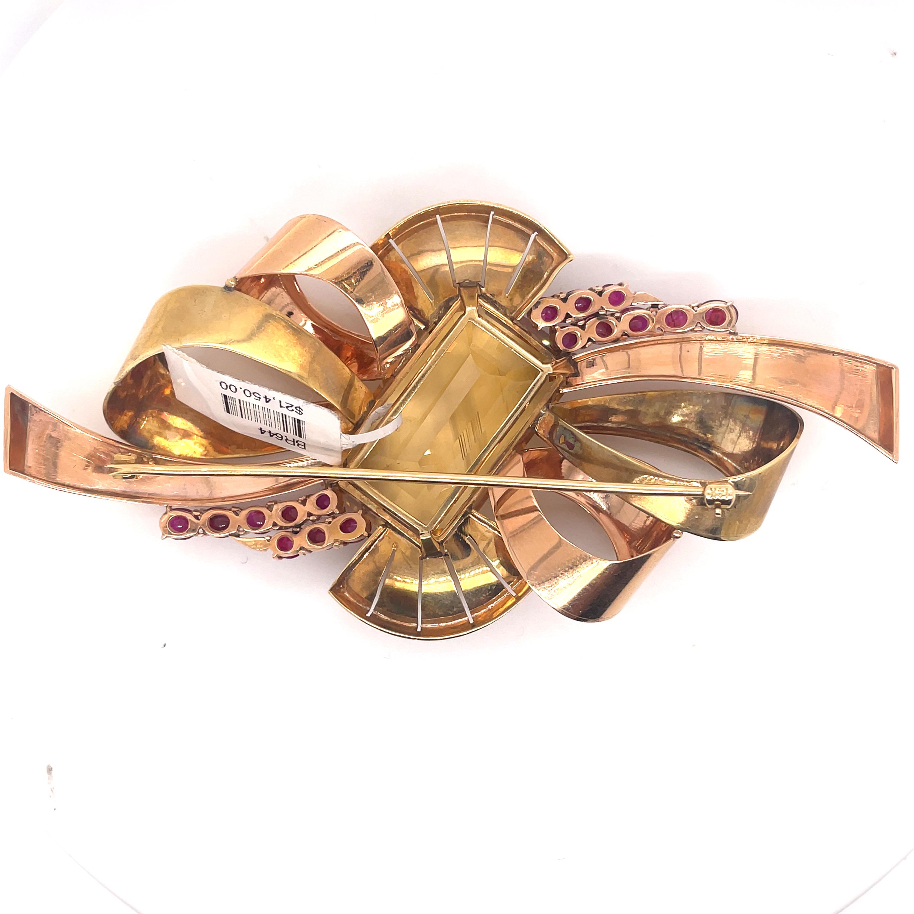 Mixed Cut Retro Style Citrine and Ruby Bow Brooch Yellow & Rose Gold For Sale