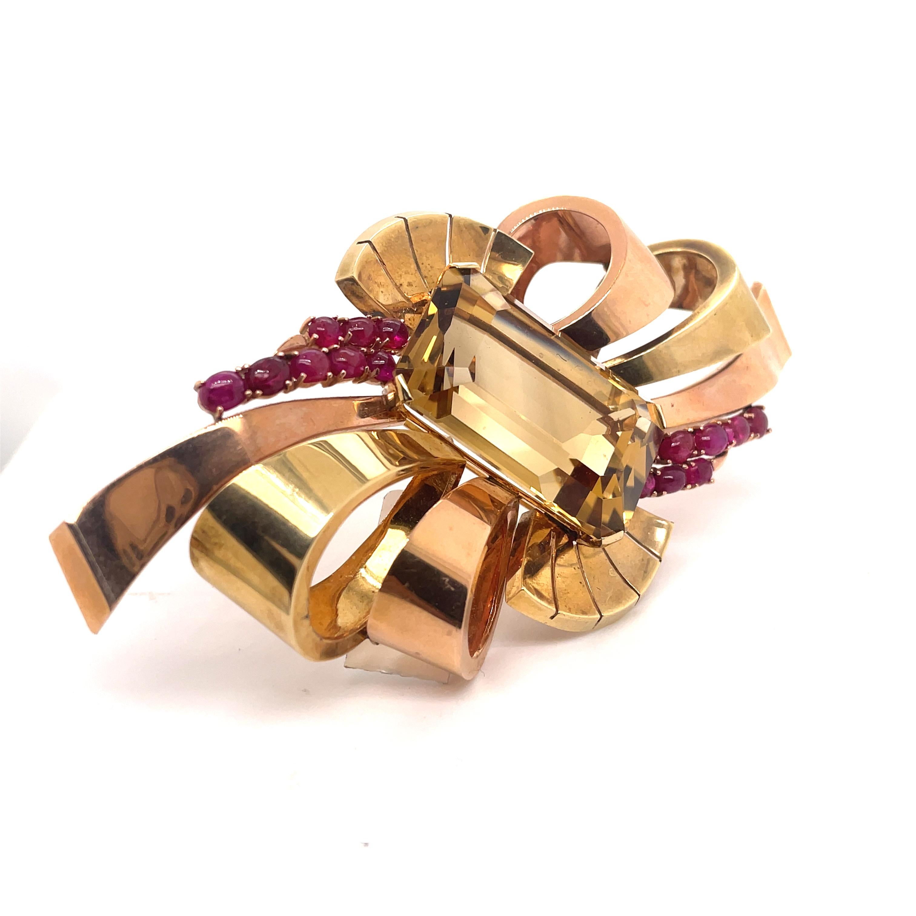 Retro Style Citrine and Ruby Bow Brooch Yellow & Rose Gold In Excellent Condition For Sale In BEVERLY HILLS, CA