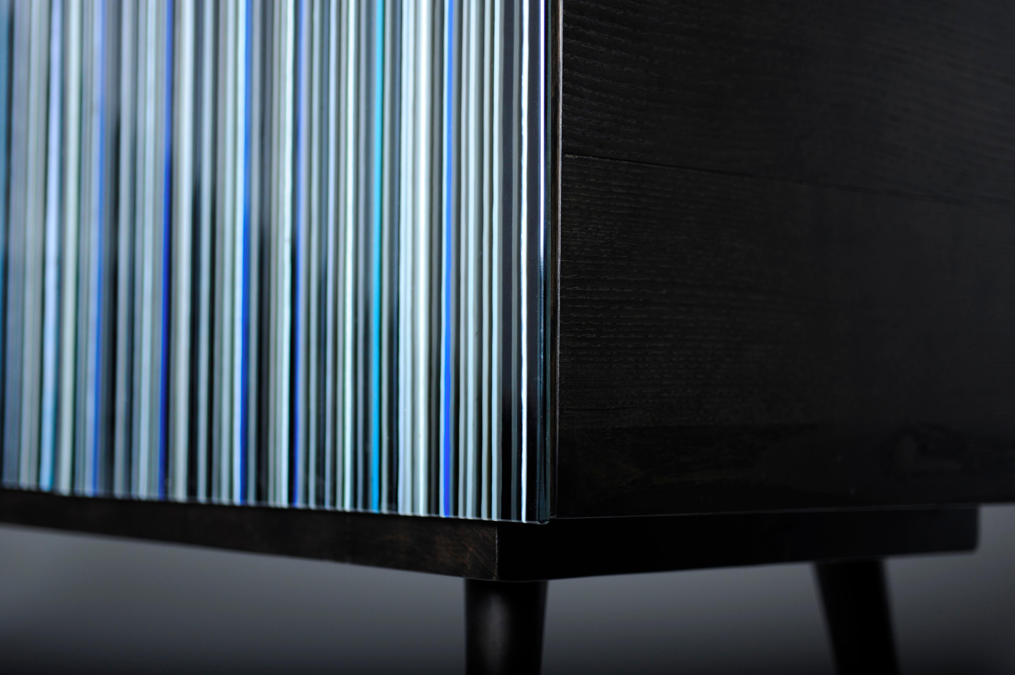Retro Style Credenza 'Buff-Heyyy', Barcode Warm and Blue Hues Colored Glass For Sale 1