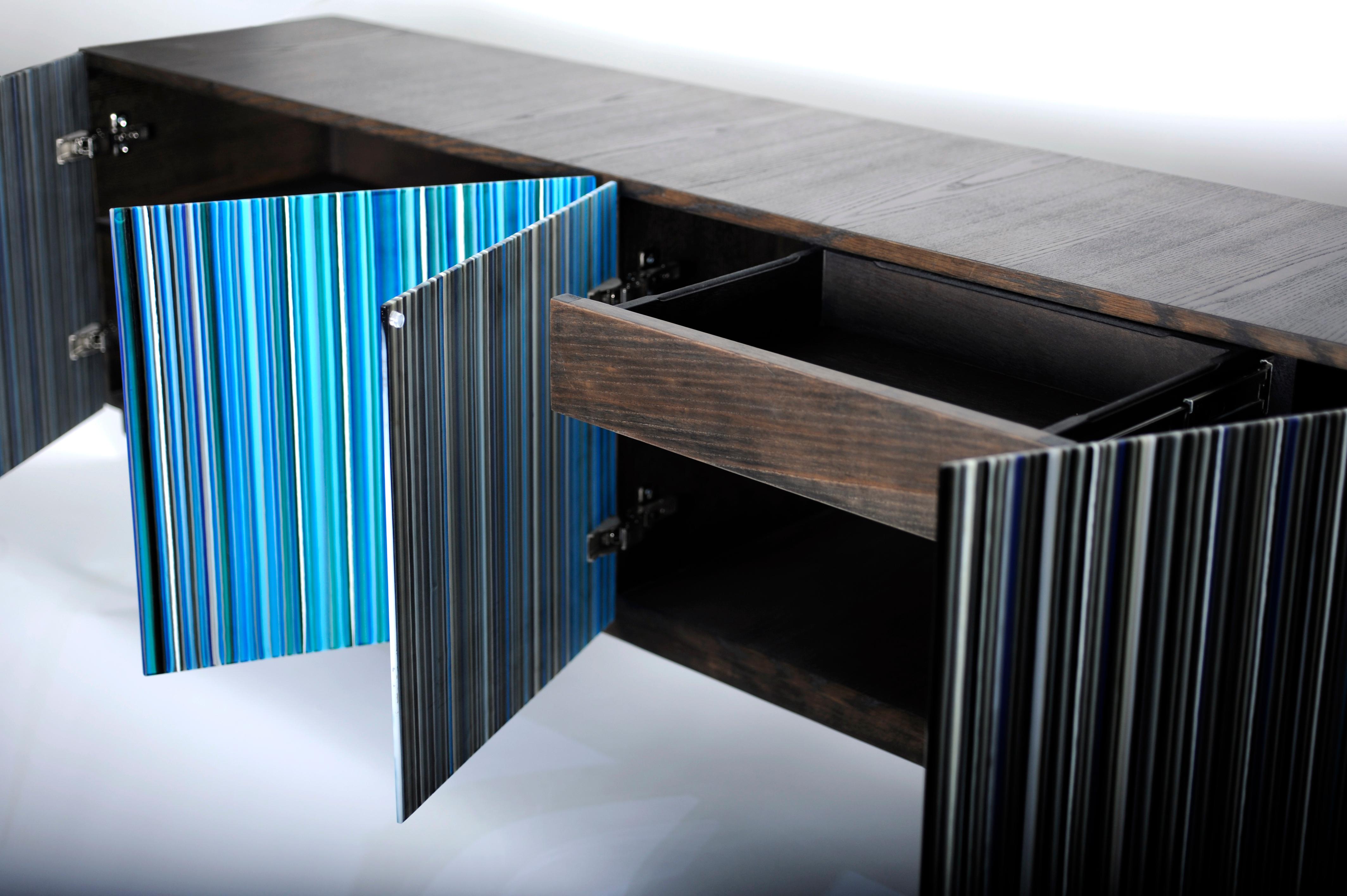Contemporary Retro Style Credenza 'Buff-Heyyy', Barcode Warm and Blue Hues Colored Glass For Sale