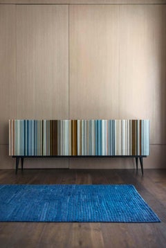 Retro Style Credenza 'Buff-Heyyy', Barcode Warm and Blue Hues Colored Glass
