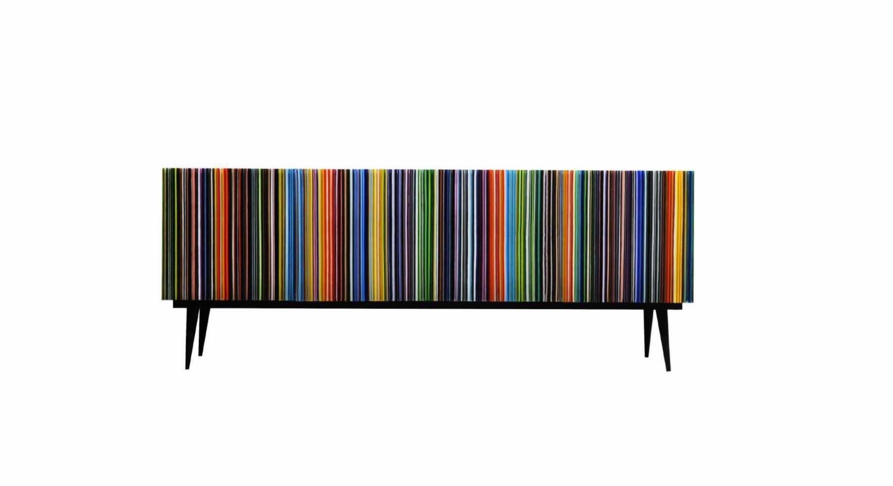Retro Style Credenza 'Buff-Heyyy', Barcode Warm and Blue Hues Colored Glass For Sale 2