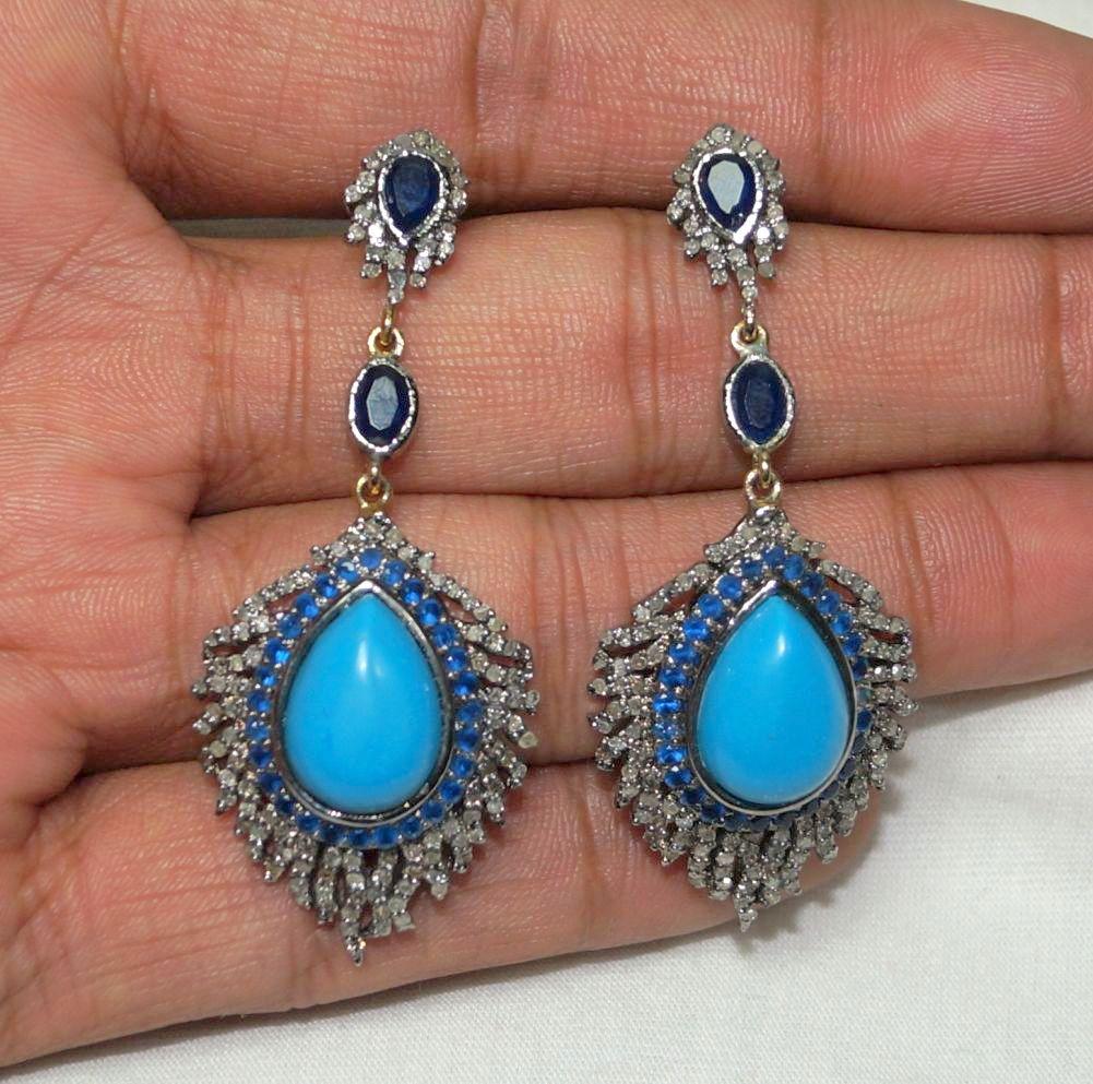 Art Nouveau Retro style diamond turquoise sapphire sterling silver dangler feather earrings For Sale