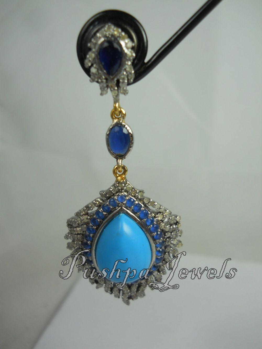 Rose Cut Retro style diamond turquoise sapphire sterling silver dangler feather earrings For Sale