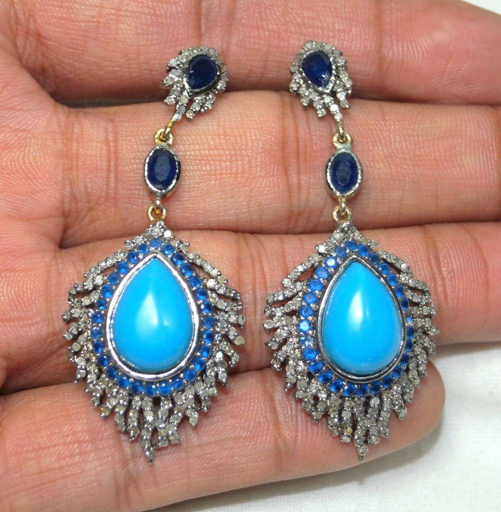 Retro style diamond turquoise sapphire sterling silver dangler feather earrings In New Condition For Sale In Delhi, DL