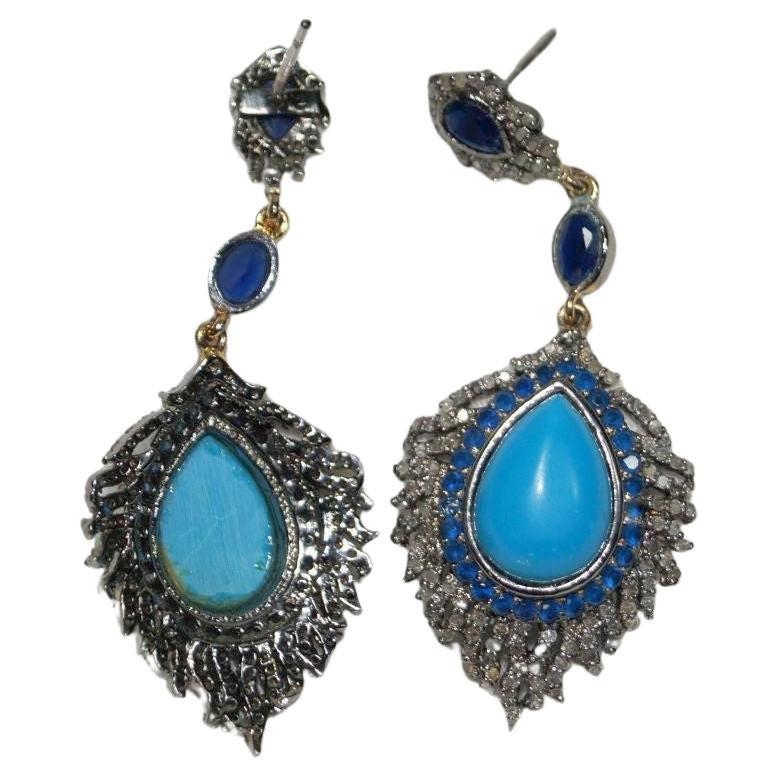 Retro style diamond turquoise sapphire sterling silver dangler feather earrings For Sale