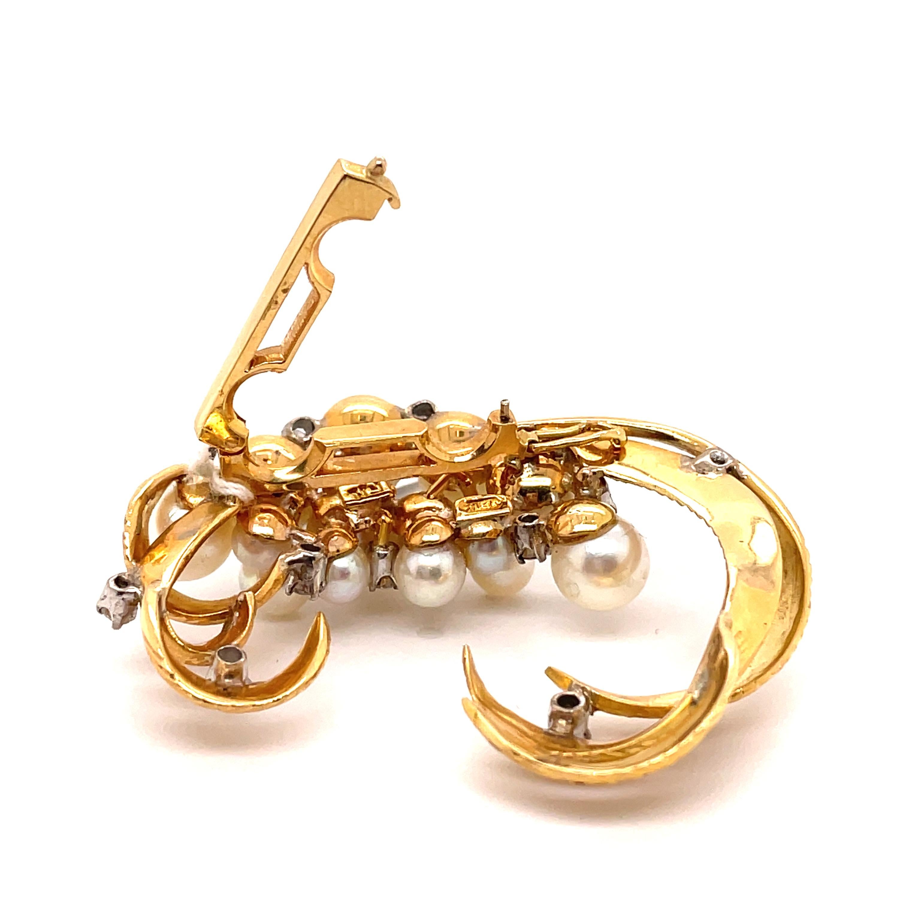 Retro Style Diamonds and Pearls Brooch 18k Yellow Gold In New Condition In BEVERLY HILLS, CA
